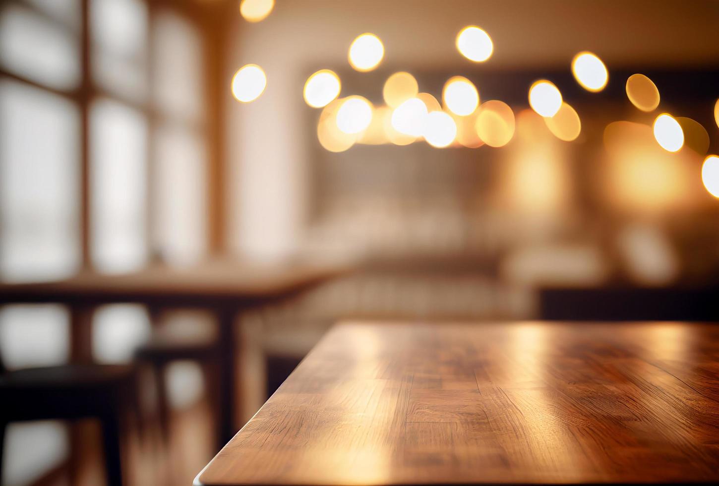 Abstract empty wooden desk table with copy space over interior cafe and restaurant with blurred background, display for product montage photo