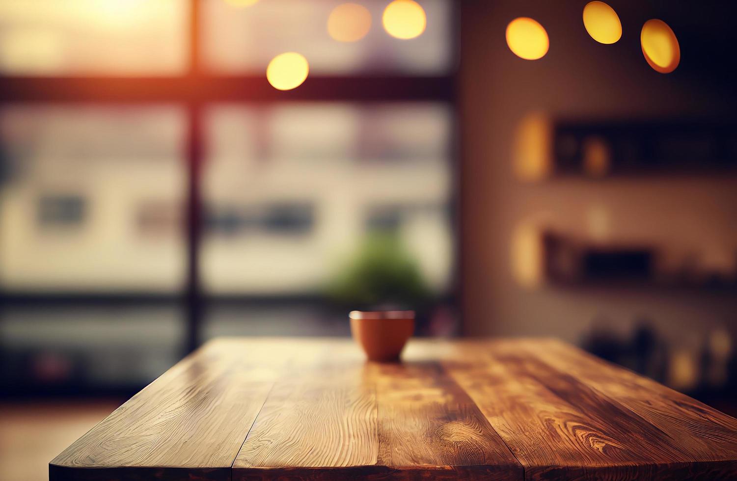 mesa de escritorio de madera vacía abstracta con espacio para copiar sobre una habitación interior moderna con fondo borroso, pantalla para montaje de productos foto