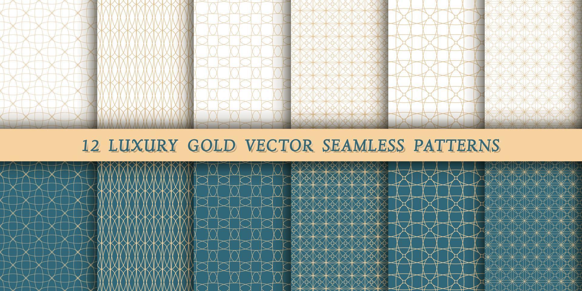 A set of 12 luxurious geometric gold patterns for printing and design, golden lines on a white and green, emerald background. Modern and stylish patterns vector