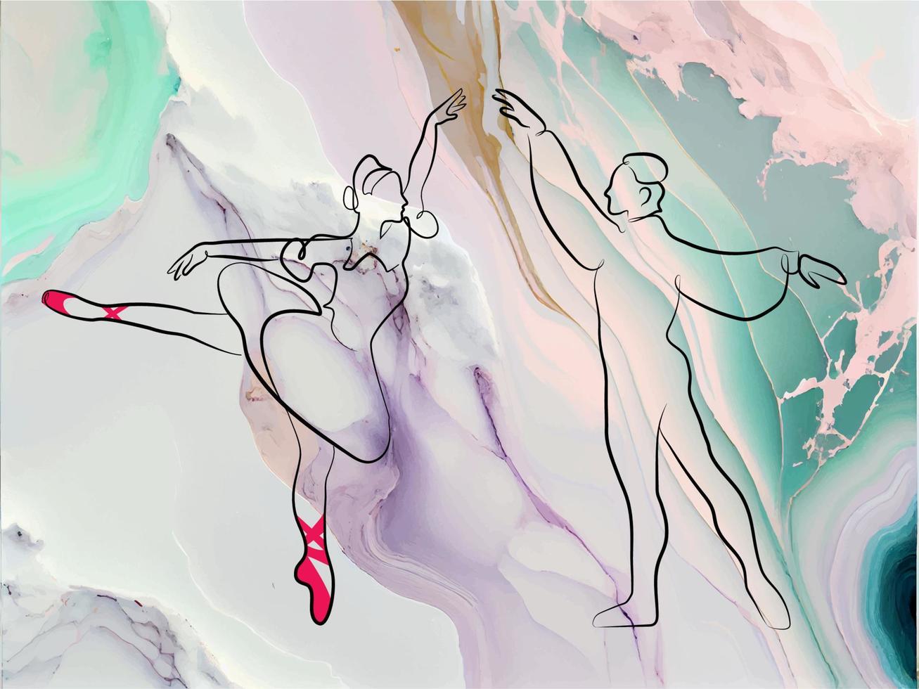 boceto de una mujer na vestido y hombre bailarina de ballet arte lineal arte continuo tinta de alcohol fondo de mármol vector