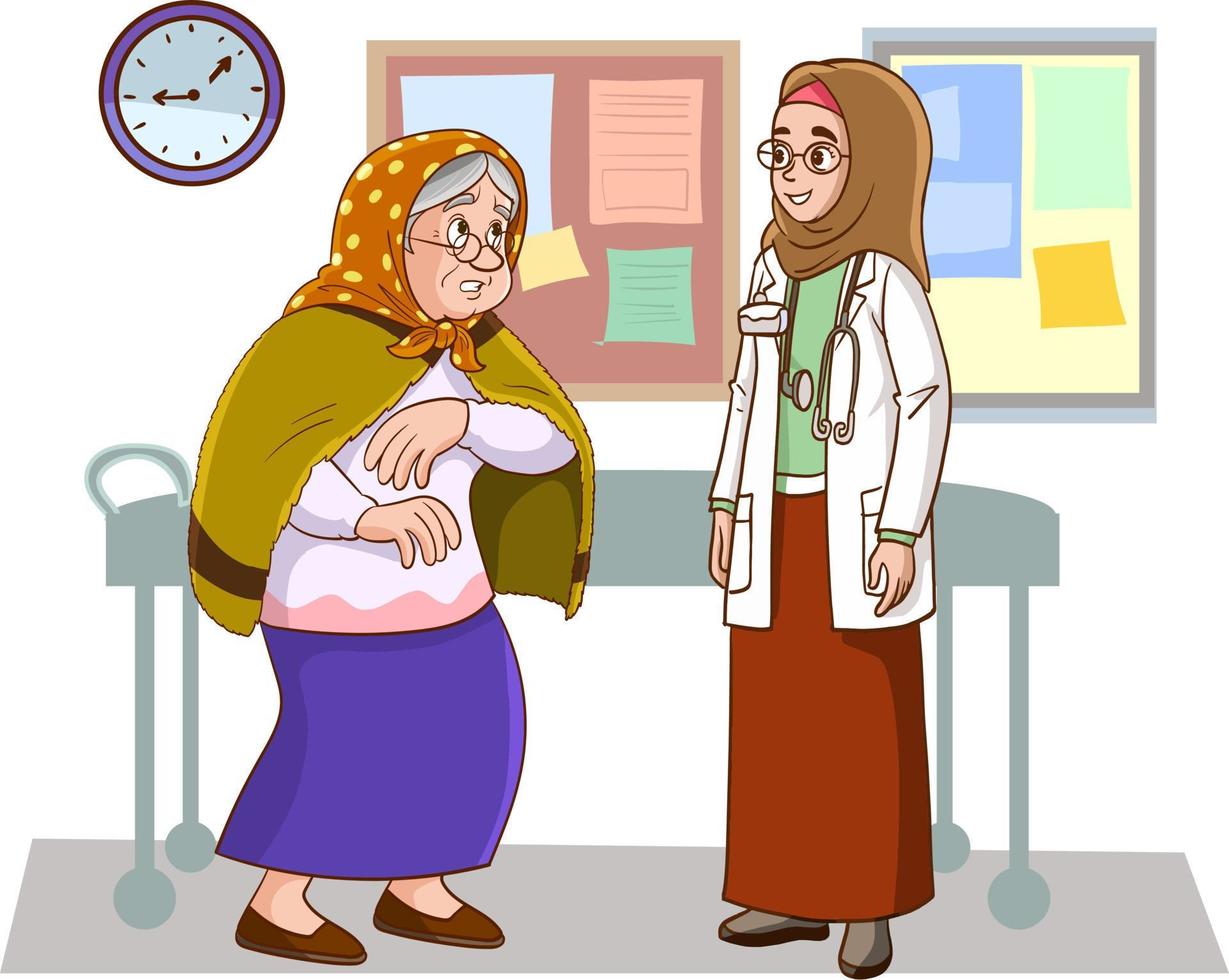 woman doctor helping a grandmother with a cane. vector