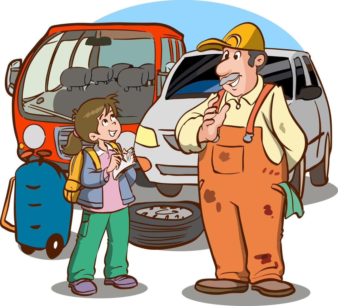 girl talking to car mechanic cartoon vector