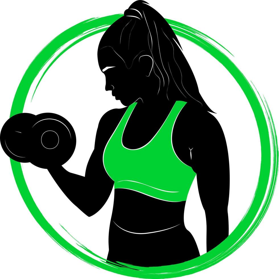 Exercise with dumbbells. Logo. Woman in training. Fitness. Dumbbells. Silhouette. Sport. GYM. Bodybuilding. vector