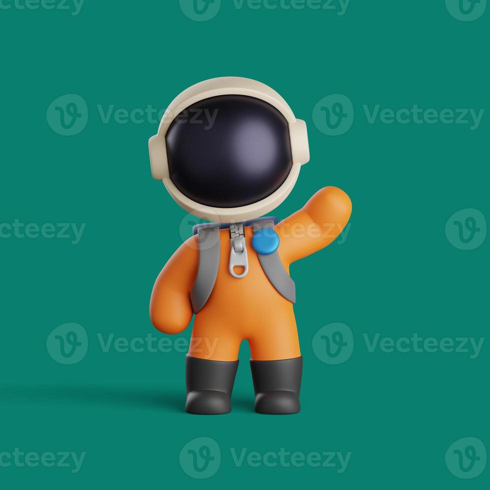 lindo astronauta con un gesto de bienvenida o agitando la mano. renderizado 3d foto