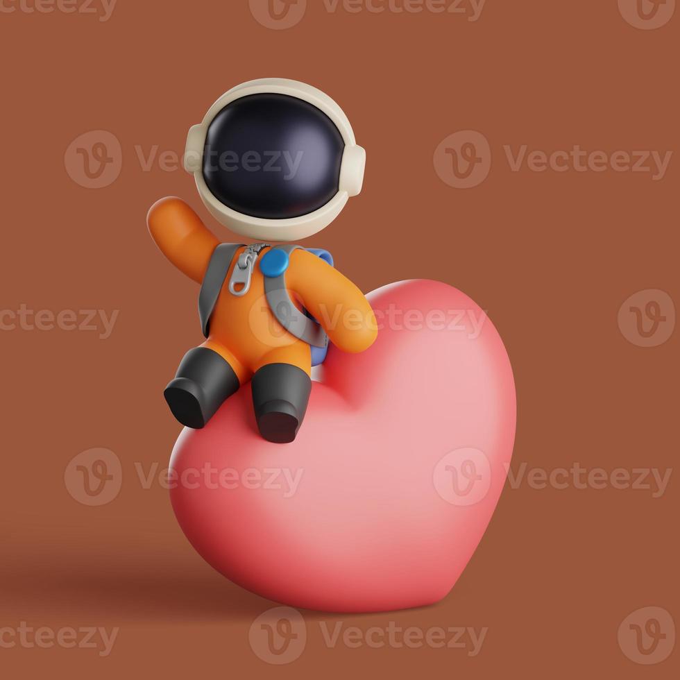 Cute astronaut sitting on a big love while waving hand. 3d render photo