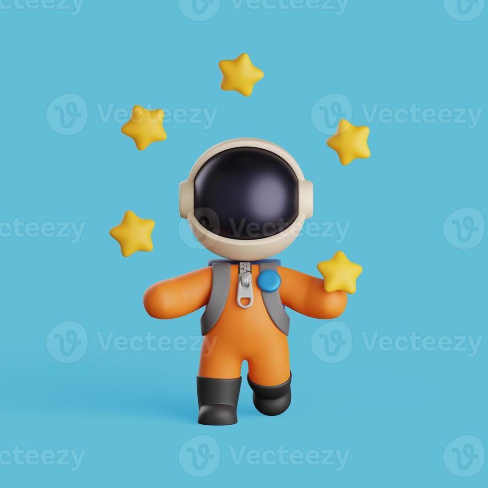 3d rendering of an astronaut juggling the yellow stars. cute mascot design photo