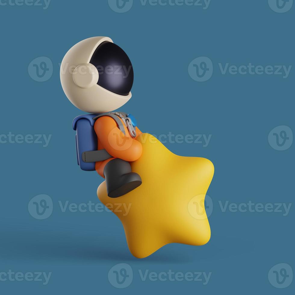 3d astronaut mascot playing and sitting on a yellow star. science concept design photo