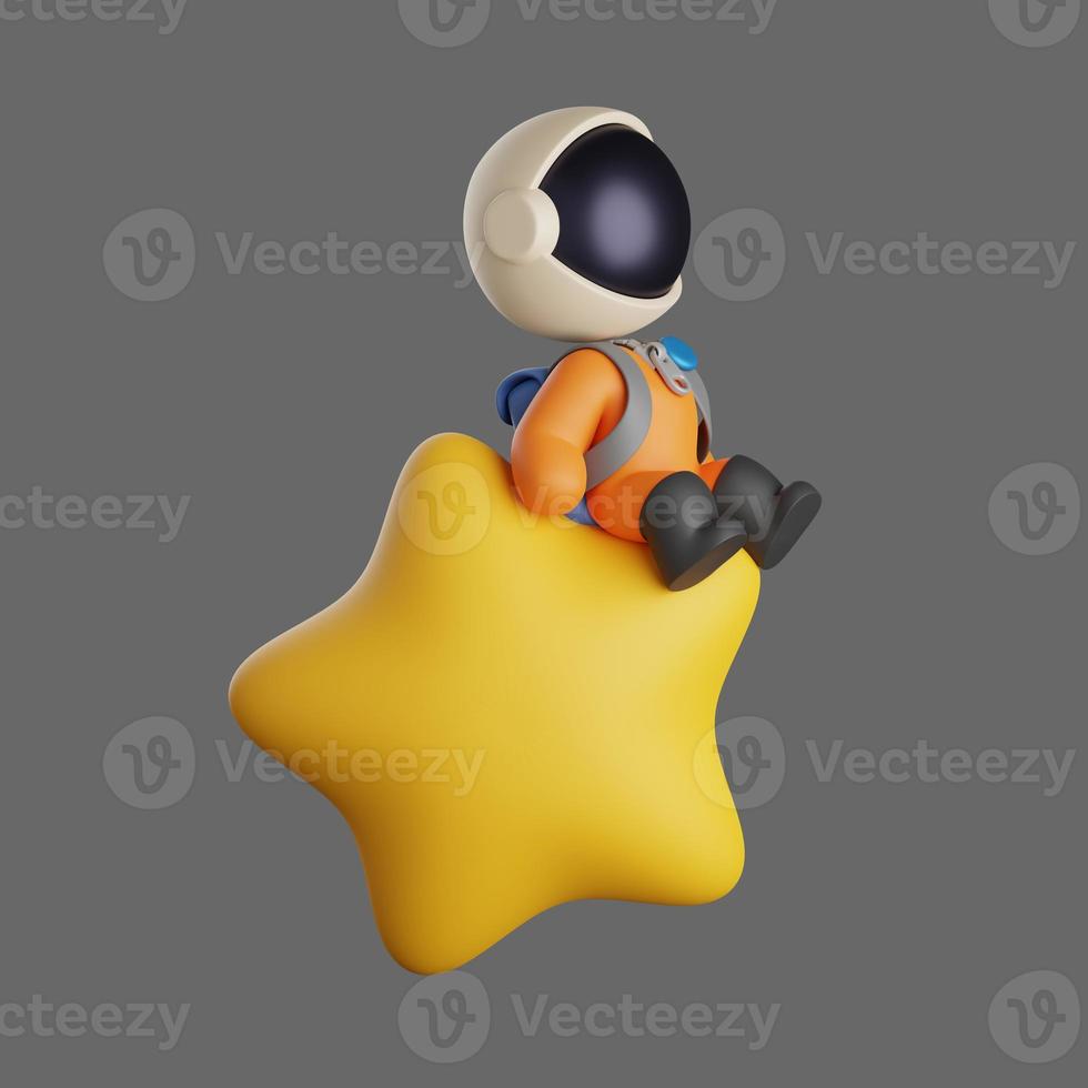 astronaut sitting on a big yellow star looking up. 3d rendering illustration photo