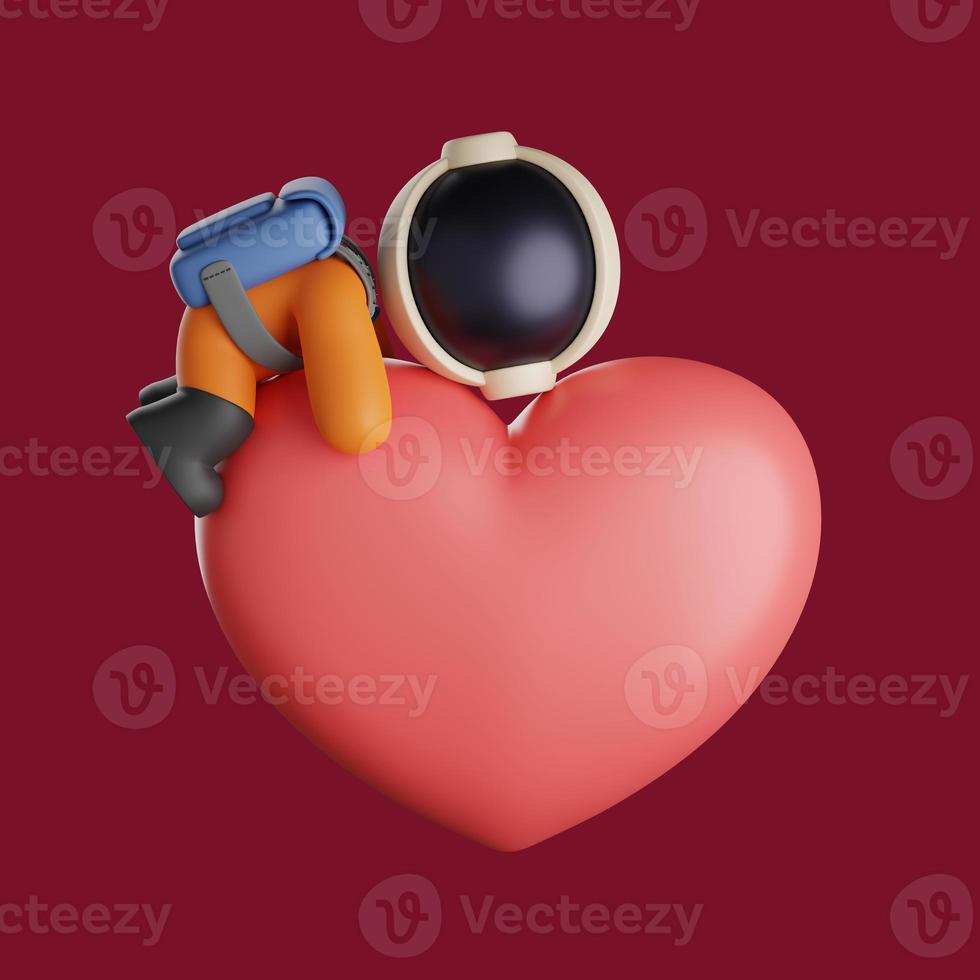 astronaut hugging a big red love. 3d render illustration photo