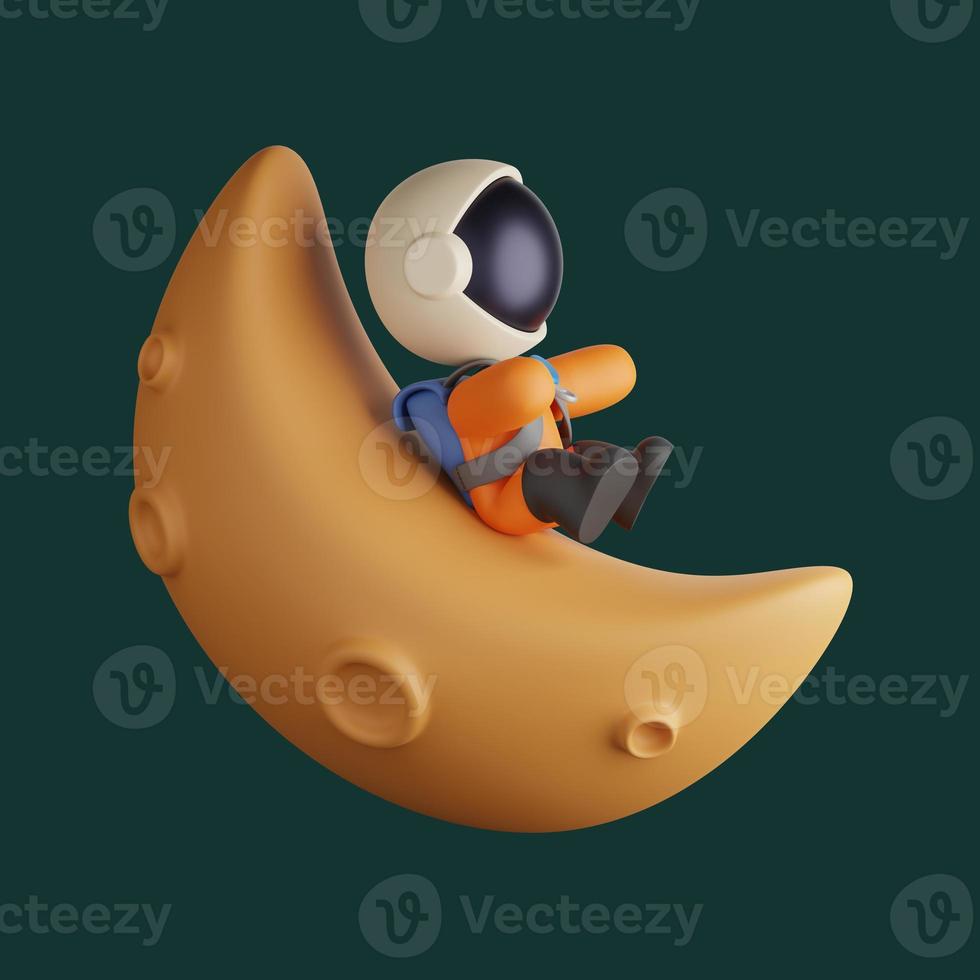 cute astronaut playing slide on a crescent moon. 3d render illustration photo