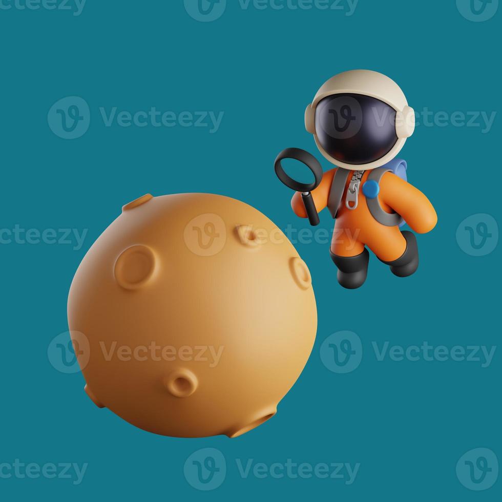 3d astronaut flying and researching the moon while holding a magnifying glass photo