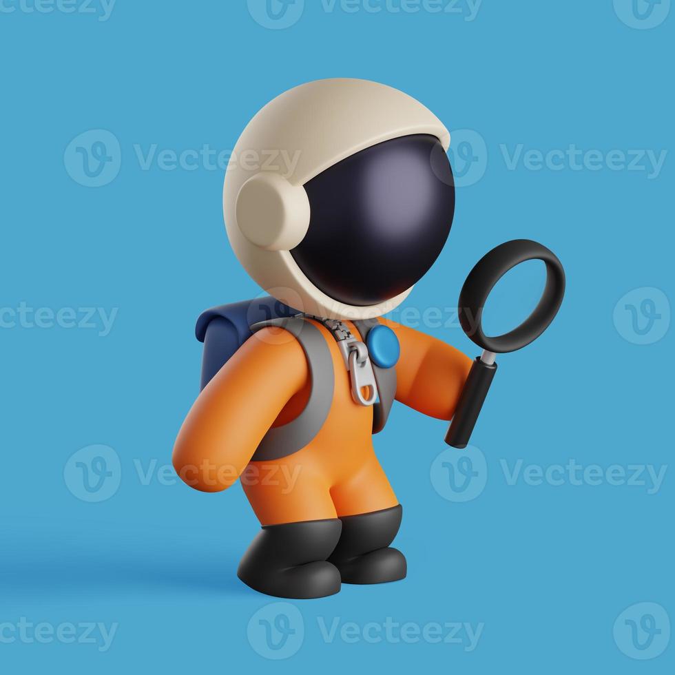 cute astronaut is holding a magnifying glass and researching. 3d render illustration photo