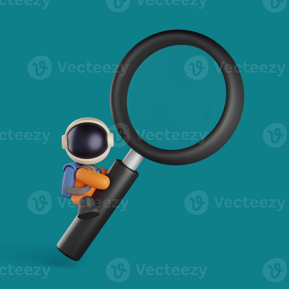 cute astronaut is climbing on a big magnifying glass. 3d render photo