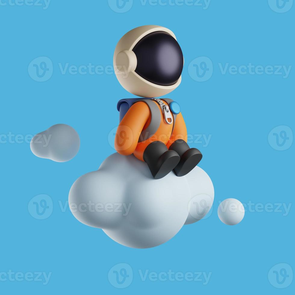 cute astronaut sitting on a cloud thinking about something. 3d render photo