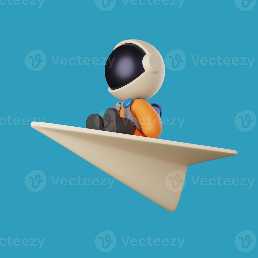 cute astronaut on the top of a flying paper plane. 3d render illustration photo