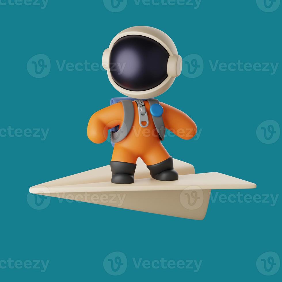 cute astronaut standing on a flying paper airplane. 3d render illustration photo