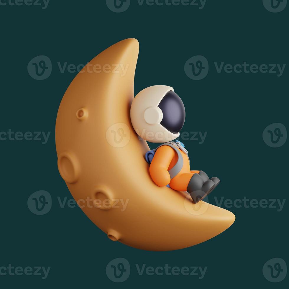3d astronaut lying on half moon thinking about something photo