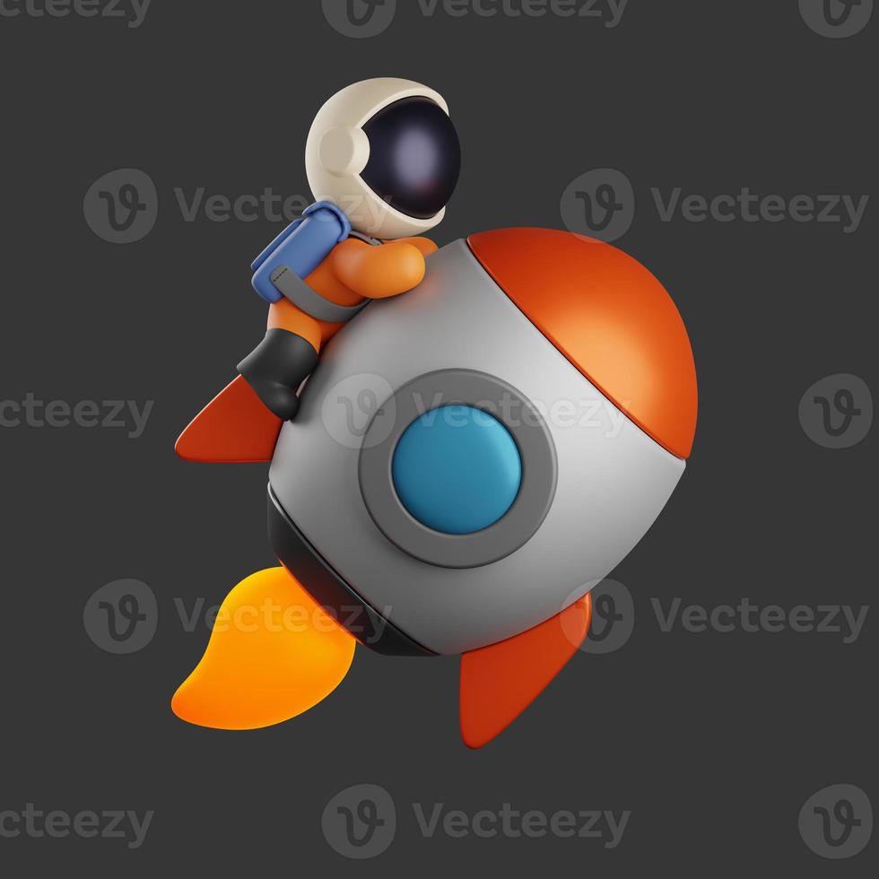 3d illustration of an astronaut on the rocket launched. cute character design photo