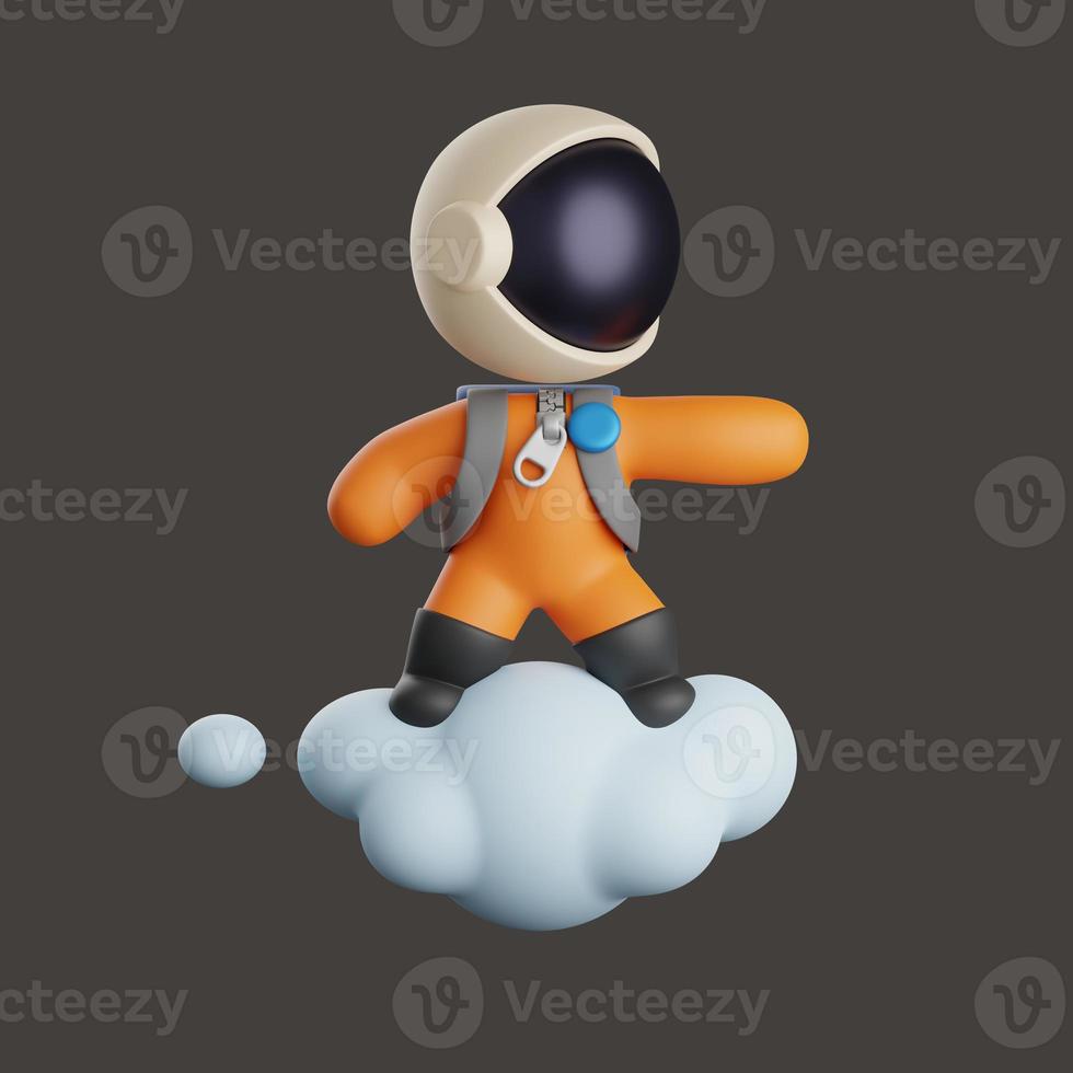 3d astronaut riding on a cloud while standing on it. cute mascot illustration photo
