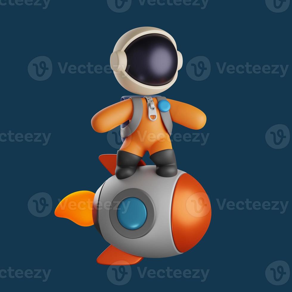 cute astronaut standing on a rocket. 3d rendering illustration photo