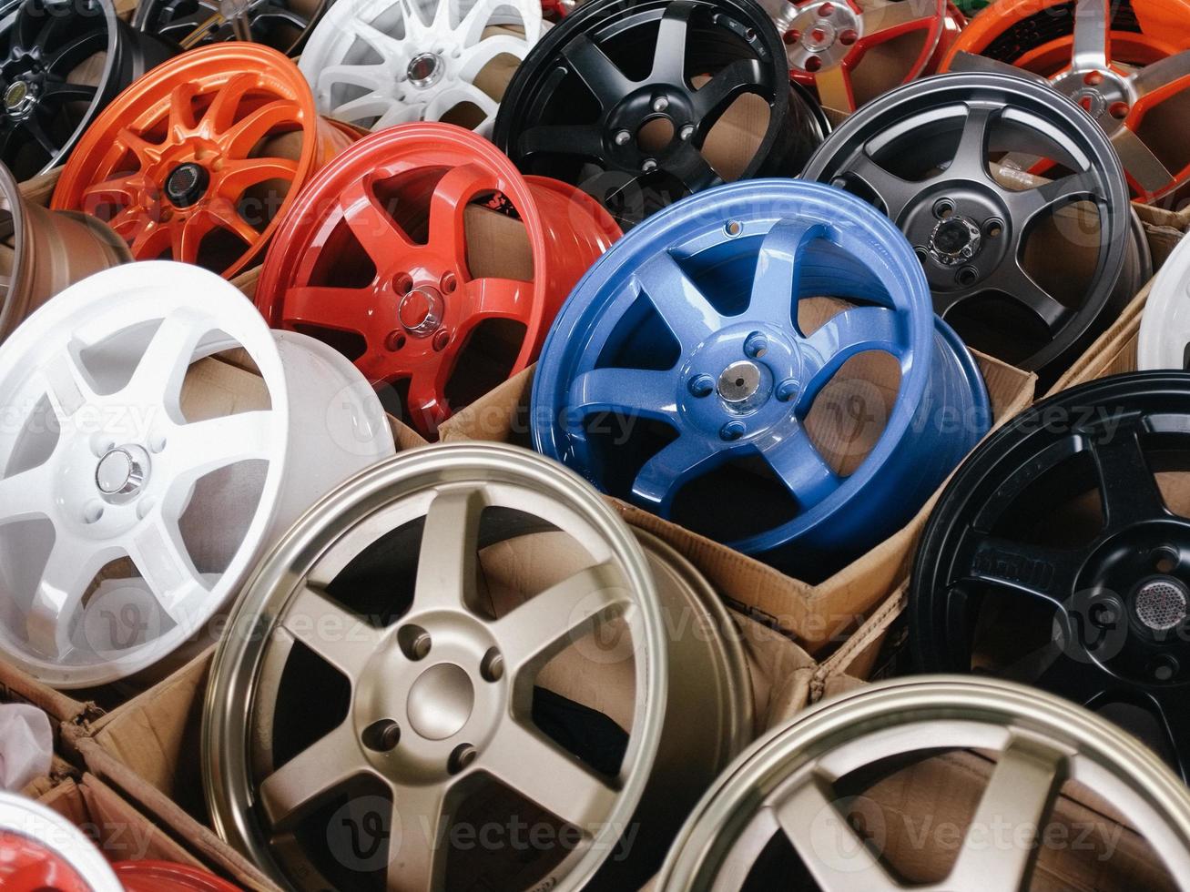 Automotive sport rims on display photo