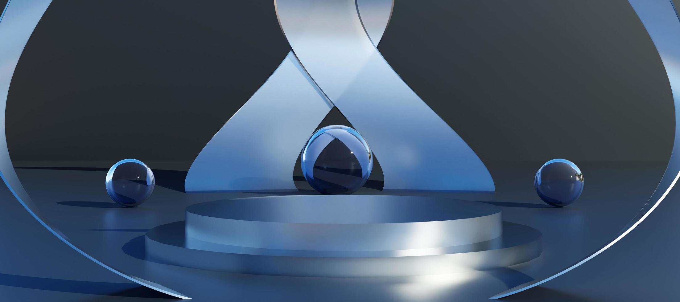 Deep blue cylinder podium with decorative objects on dark blue background.  Stand to show products. Metallic modern pedestal display with copy space. Banner size. Website cover template. 3D rendering. photo