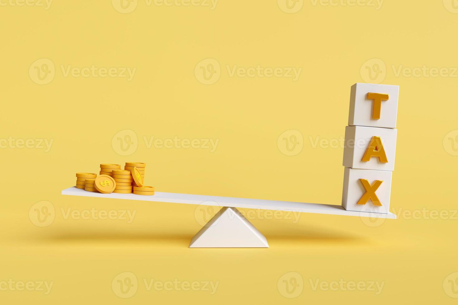 Compare stacks of gold coins, dollars, and taxes on scale boards. Tax payment concept, business tax, government percentage calculation, and tax validation for payment. 3D render illustration. photo