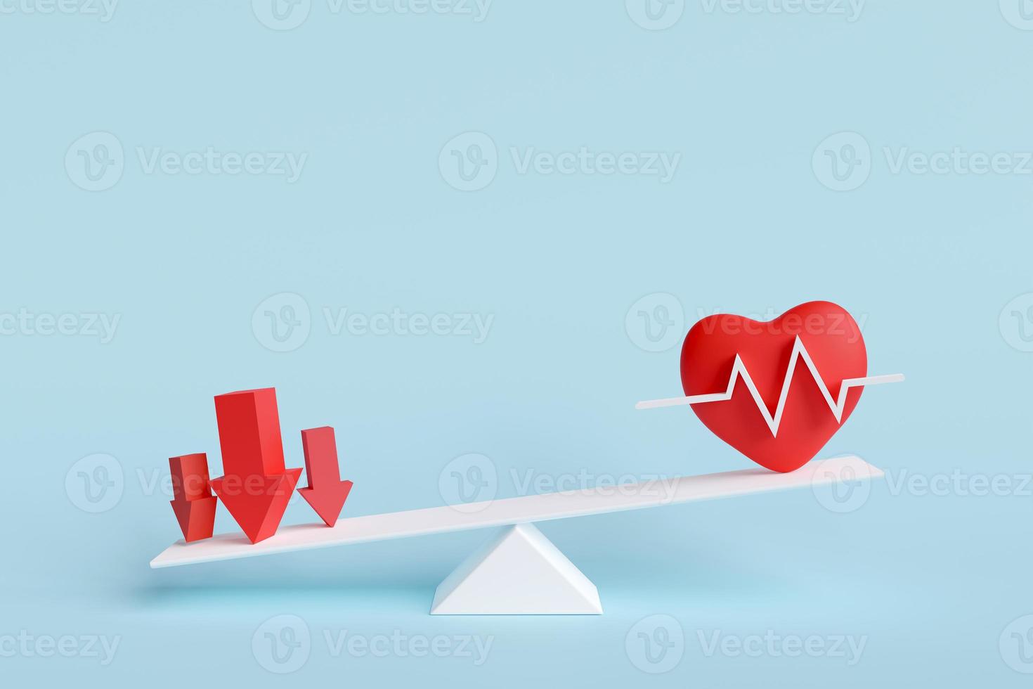 Red heart with red arrow on scale unbalanced indicates negative effects and risks to health. Concept of healthy lifestyle, heart rate, heart disease. Maintaining healthy. 3D render illustration photo
