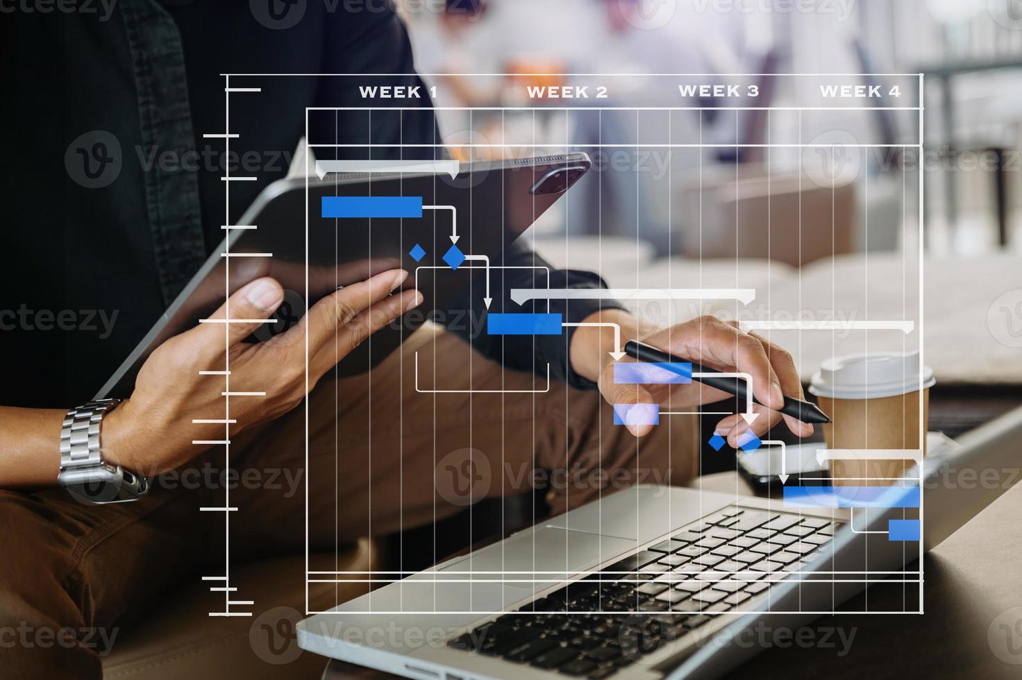 gerente de proyecto trabajando y actualizando tareas con hitos de planificación de progreso y diagrama de programación de diagramas de gantt. negocios que trabajan con teléfonos inteligentes, tabletas y computadoras portátiles foto