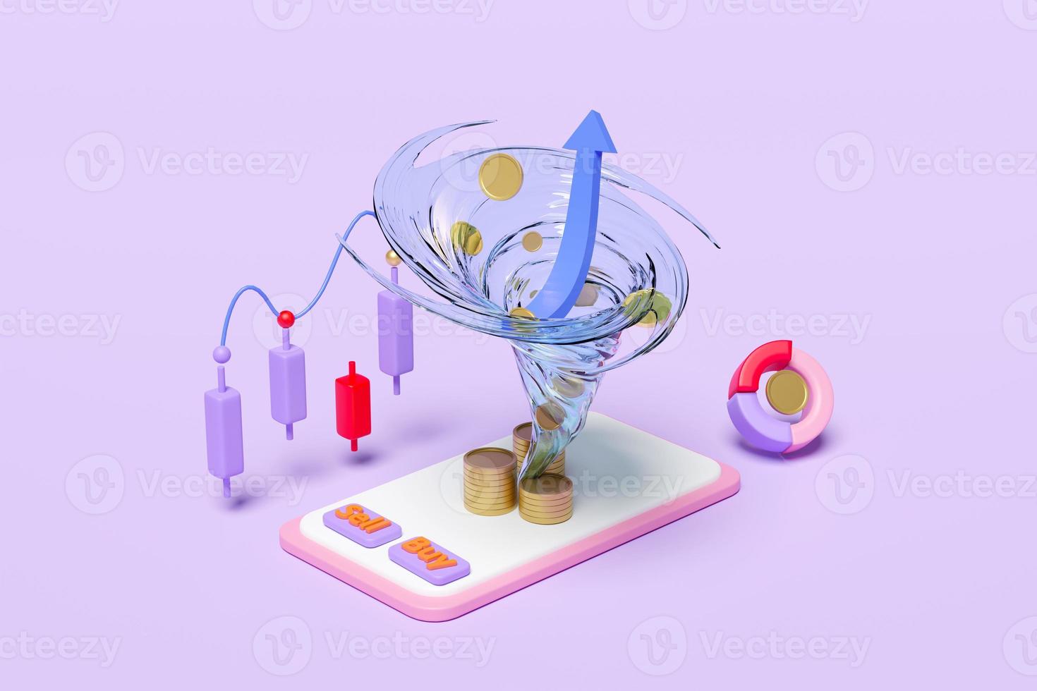 mobile phone, smartphone with charts and graph, analysis business financial data, Online marketing, pile coins, twister isolated on purple background. 3d illustration or 3d render photo