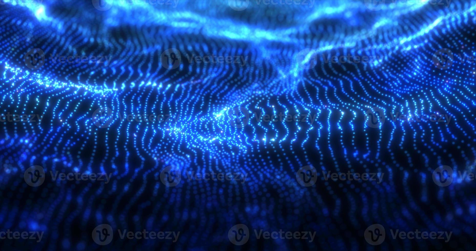 Abstract blue futuristic waves from a grid of particles lines glowing bright shiny neon digital magical energy on a dark background. Abstract background photo