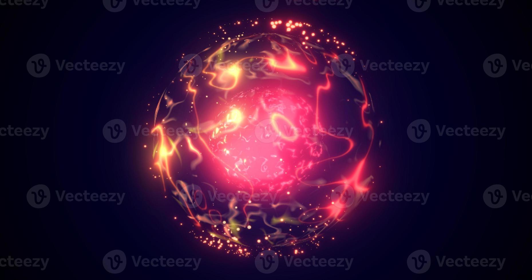un planeta redondo con un núcleo fundido en el centro en el espacio, una esfera estelar con un campo de energía luminosa mágica ardiente del plasma. fondo abstracto foto
