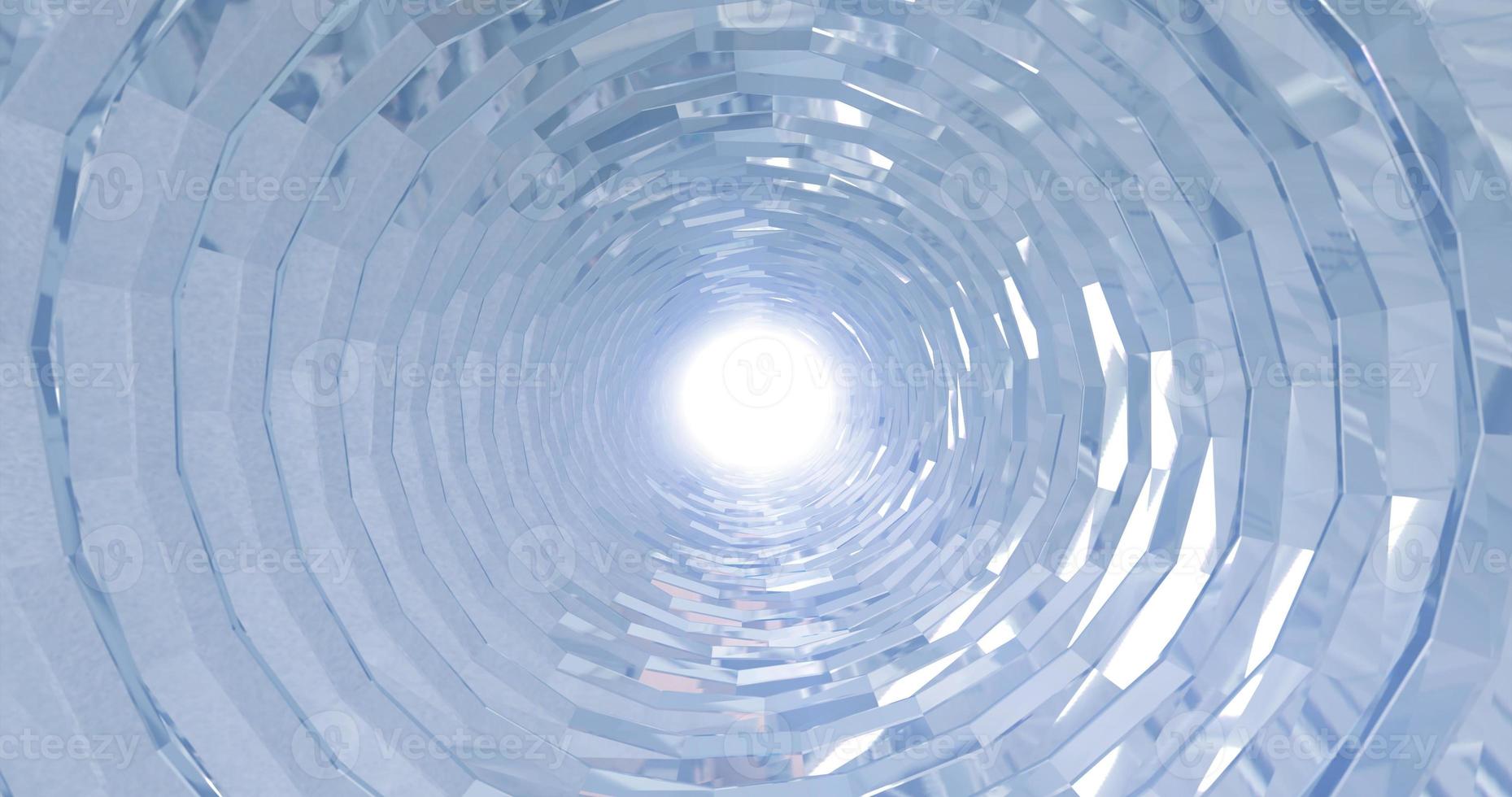 A rotating silver metal chrome shiny tunnel with walls of ribs and lines in the form of a circle with reflections of luminous rays. Abstract background photo