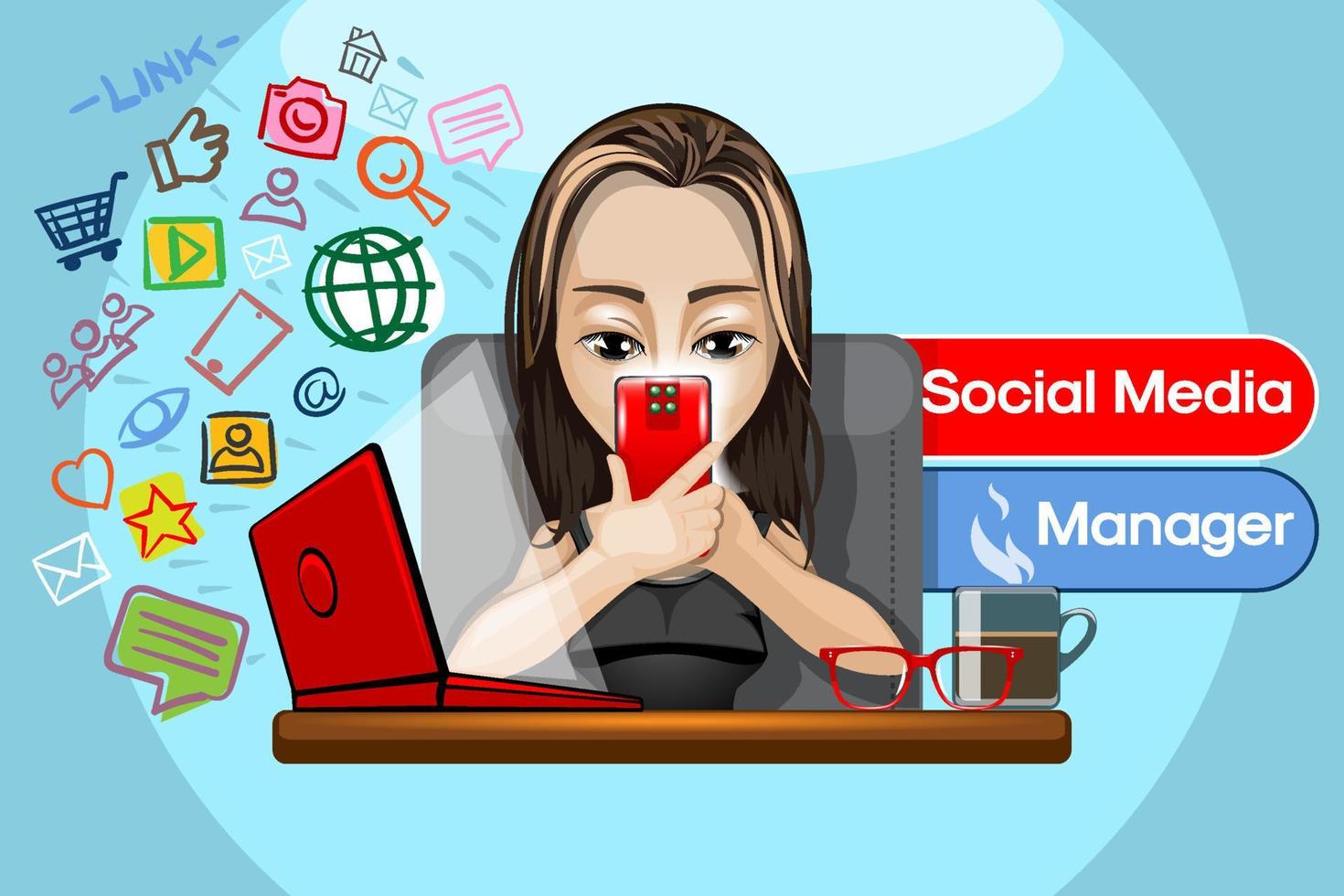 Illustration of a pretty girl with a phone in hand working as Social Media Manager. vector