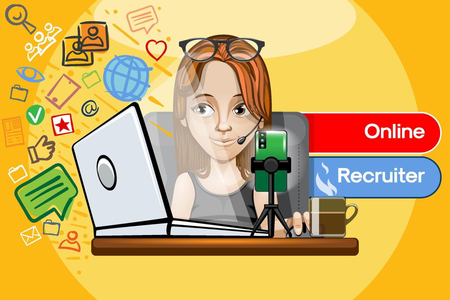 Red haired girl works at a computer as an Online Recruiter. vector