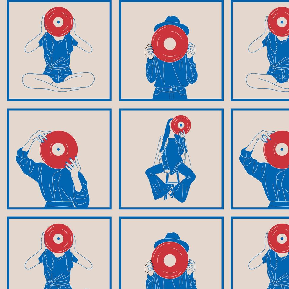 patrón cuadrado sin costuras, papel tapiz. chica sostiene un viejo disco de vinilo en sus manos. estilo de moda retro de los años 80. conjunto de tres azul y rojo vector