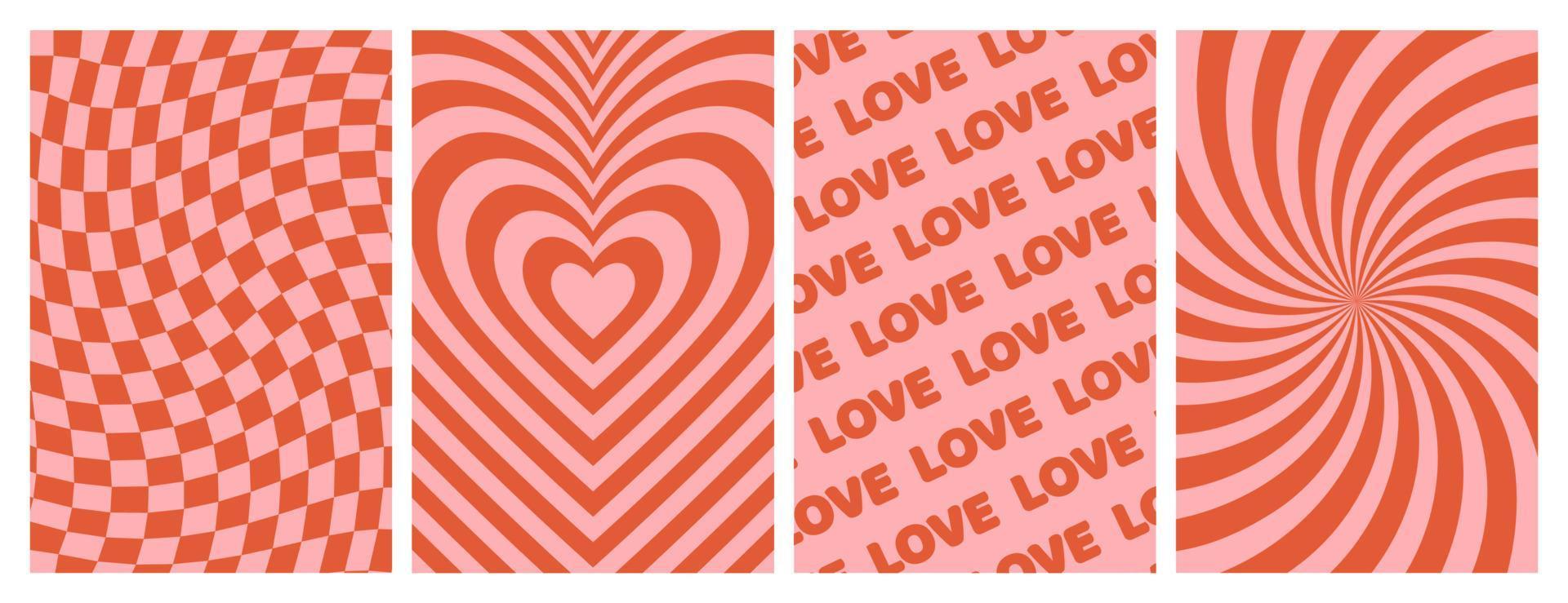 Groovy lovely backgrounds. Love concept. Happy Valentines day greeting card. Pink red colors. vector
