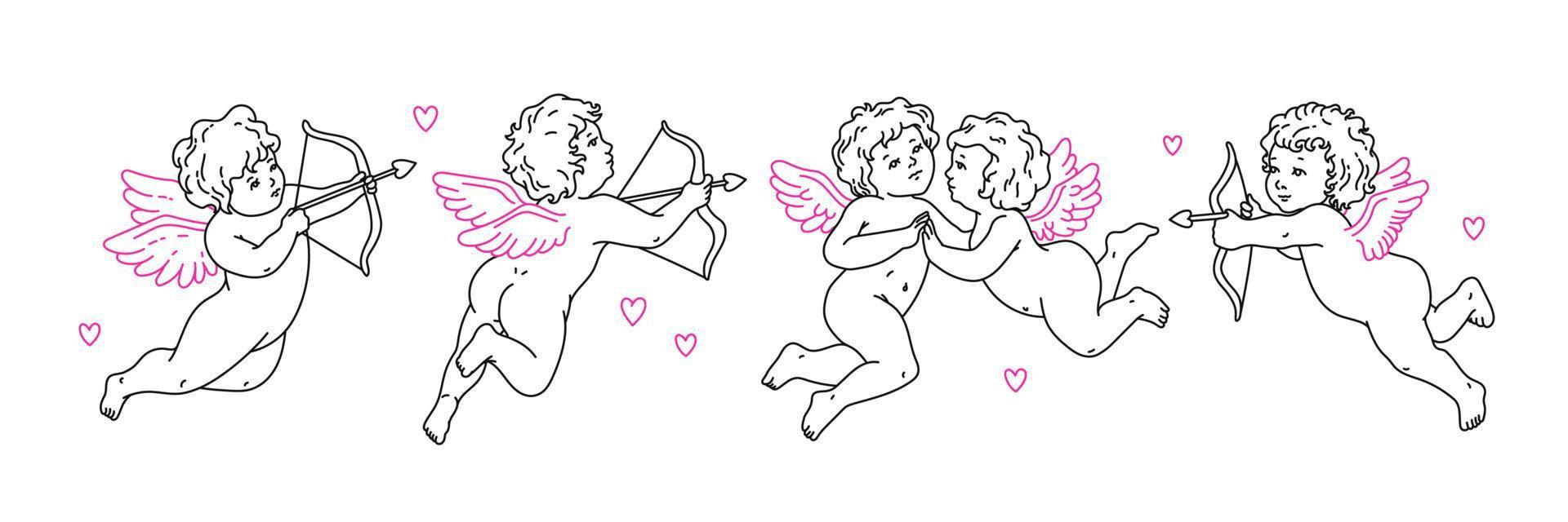 Ángel y Cupido arte del tatuaje 1990s-2000s. concepto de amor Feliz día de San Valentín. pegatinas y2k. vector