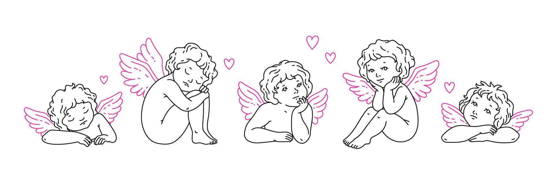 Ángel y Cupido arte del tatuaje 1990s-2000s. concepto de amor Feliz día de San Valentín. pegatinas y2k. vector