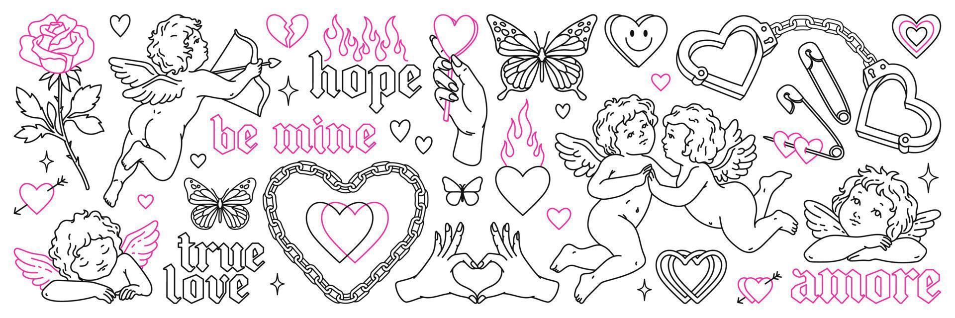 Angel and heart tattoo art 1990s-2000s. Love concept. Happy valentines day stickers. vector