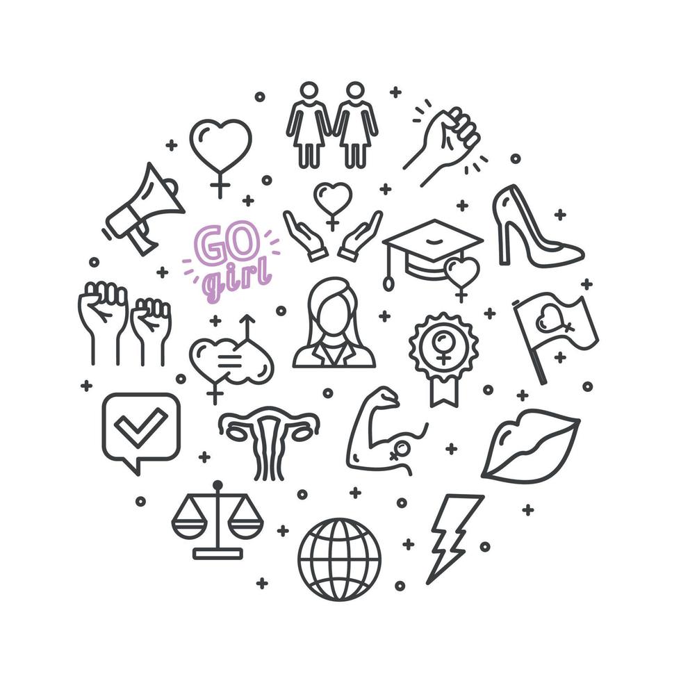 Girl Power Sign Round Design Template Thin Line Icon Banner. Vector