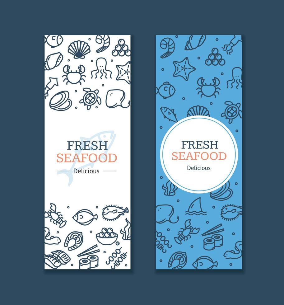 Fresh Seafood Banner Poster Card Ad Vecrtical Set. Vector