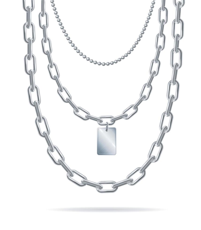 Realistic Detailed 3d Silver Chain with Pendant Set. Vector