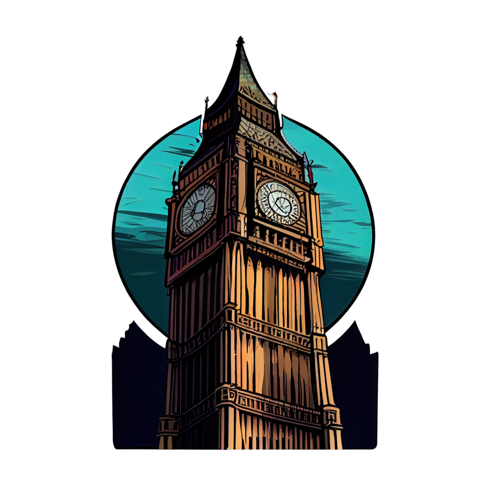 Cartoon sticker depicts the Big Ben with its famous clock face and bell tower in London png