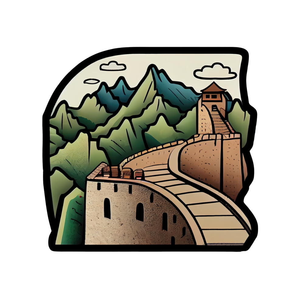 Cartoon sticker of the Great Wall of China, a famous landmark in China png