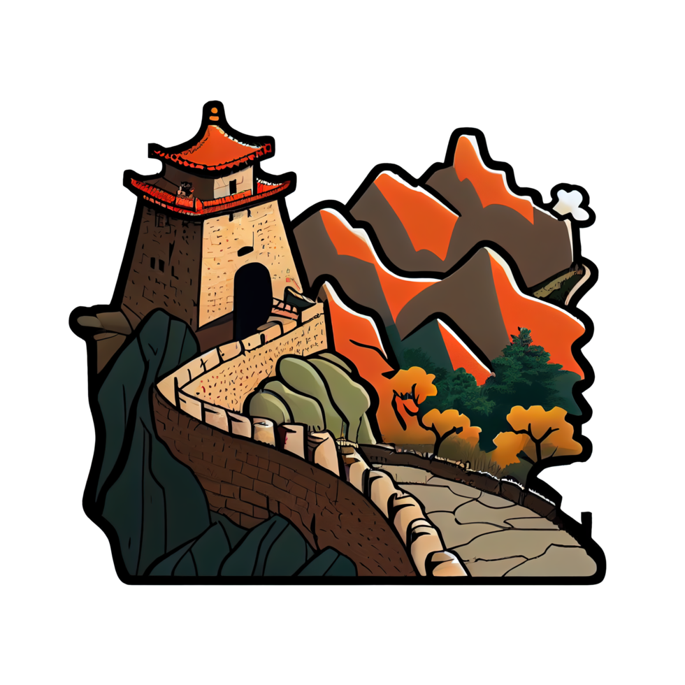 Cartoon sticker of the Great Wall of China, a famous landmark in China png