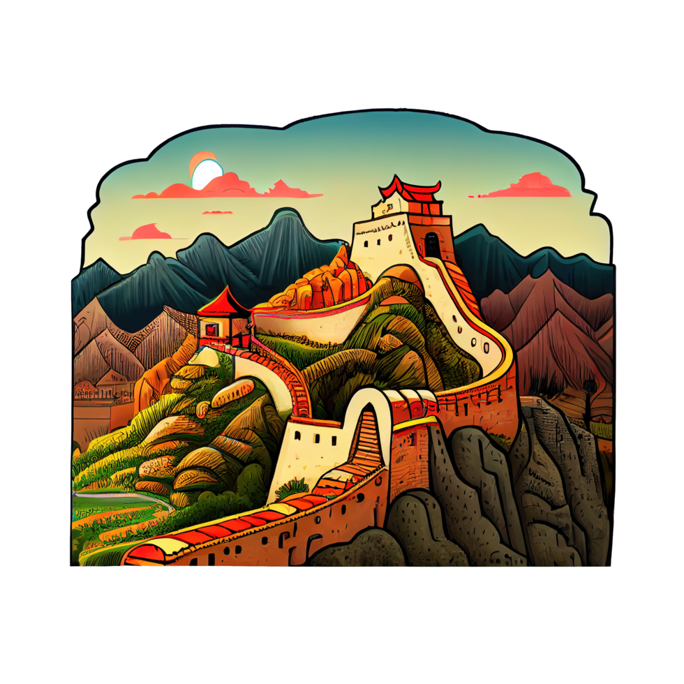 Cartoon sticker of the Great Wall of China, a famous landmark in China png