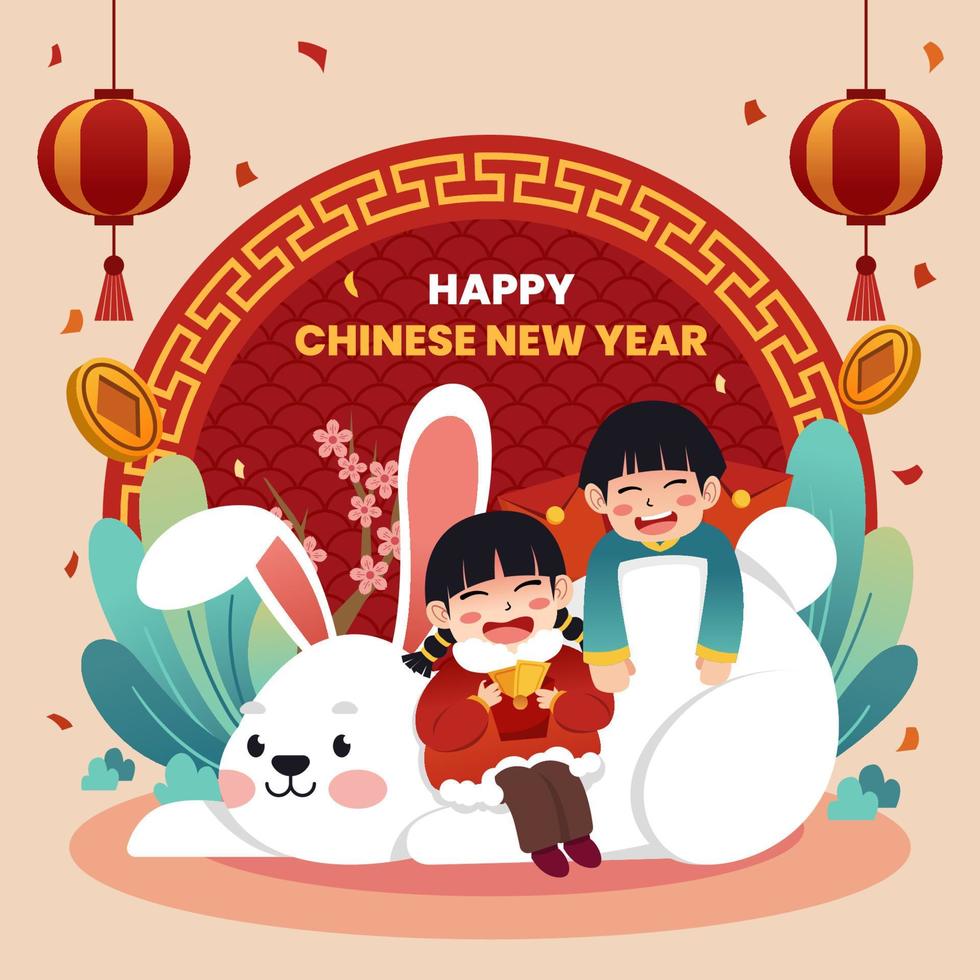 feliz año nuevo chino con niños y conejo vector