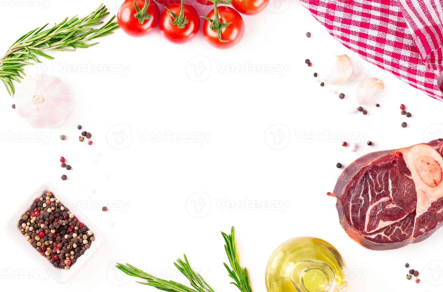 meat steak and cooking ingredients isolated on whtie background. photo
