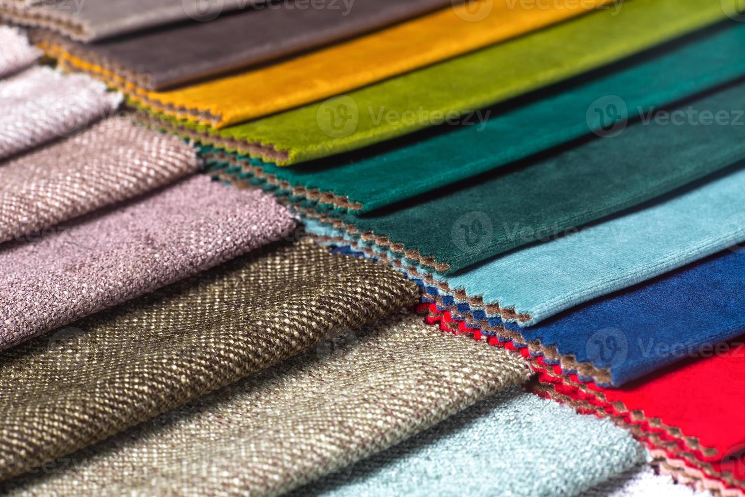 Multi colored set of upholstery fabric samples for selection
